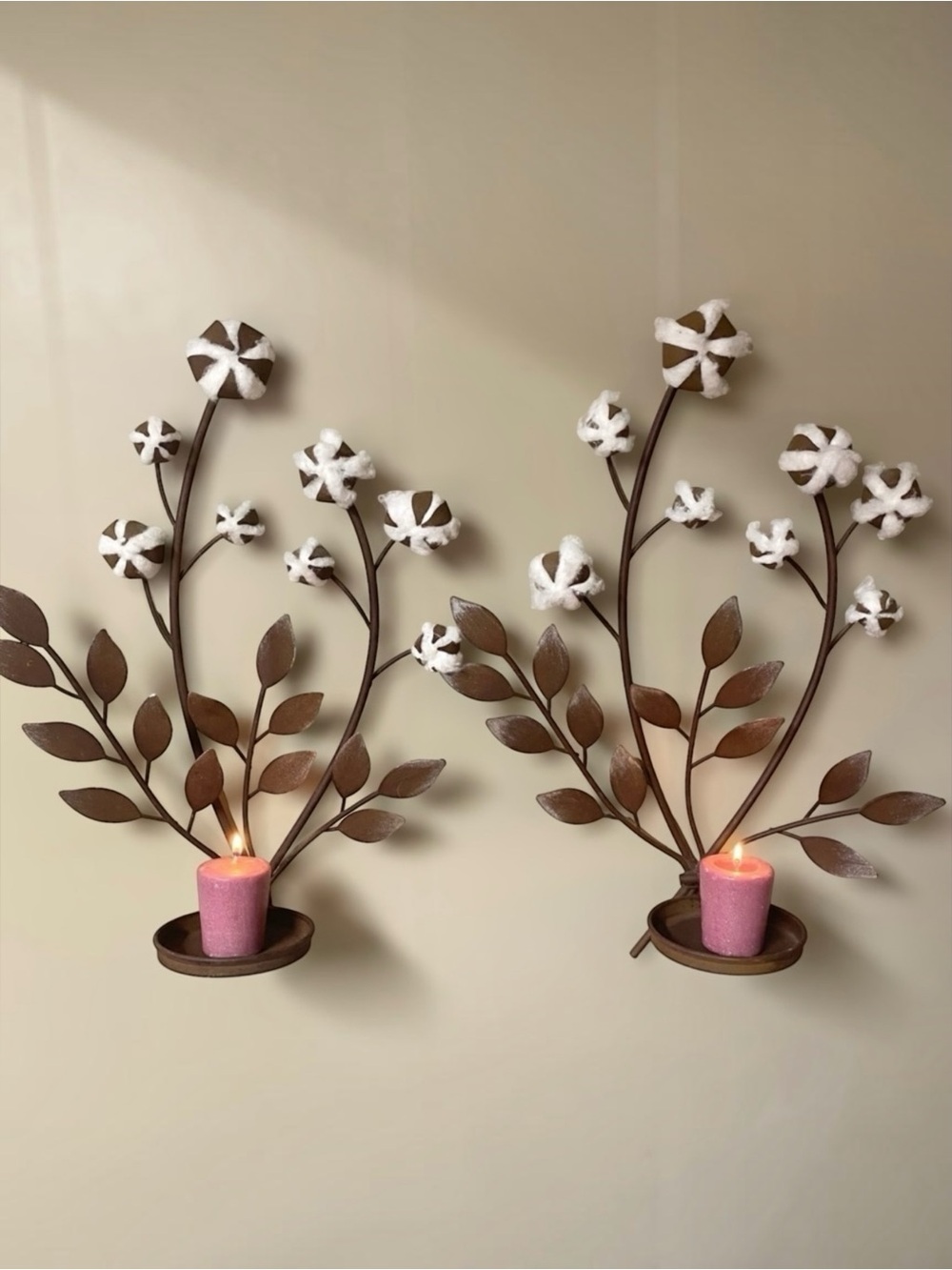 Set Of 2 Metal Cotton Wall Sconces Candle Holders Rustic Farmhouse Decor 19”